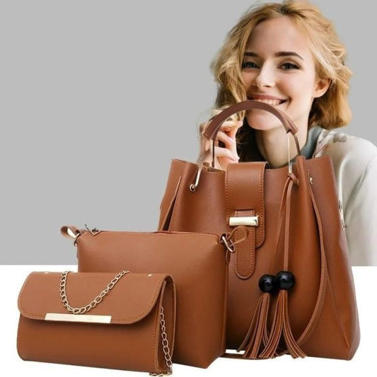 3 Pcs Women’s Leather Plain Hand Bag Set For Women Fashionable New Style Bags Shoulder Bag, Cross Body Bag & Hand Bag Set